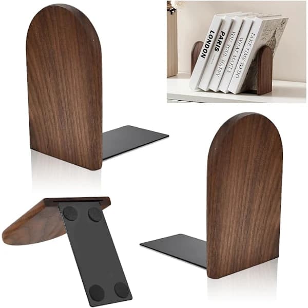 1 Pair Bookends, Walnut Bookends, Non-Slip Bookends, Heavy Wooden Bookends Support Natural Walnut Round