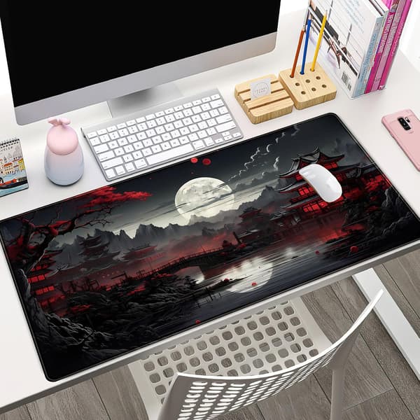 Japansk Skrivebordsmåtte Fuldmåne Skriveunderlag Sort Rød 80 x 40 cm Musemåtte Gaming Musemåtte Forlænget Tastaturmåtte Laptop Com
