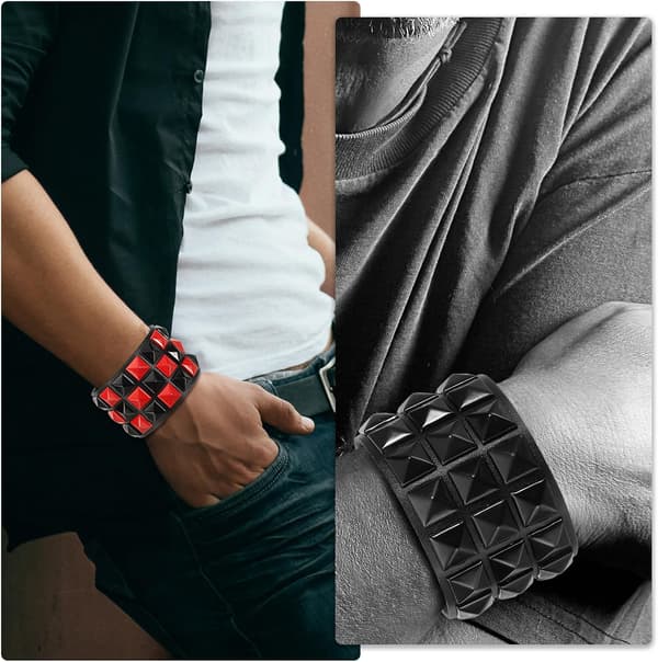 Læder Punk Armbånd Lagdelt Række Firkantede Nitter Goth Spike Sort Hvid White