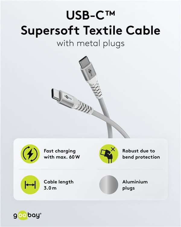 USB-C™ supersoft textile cable with metal connectors, 3 m, white