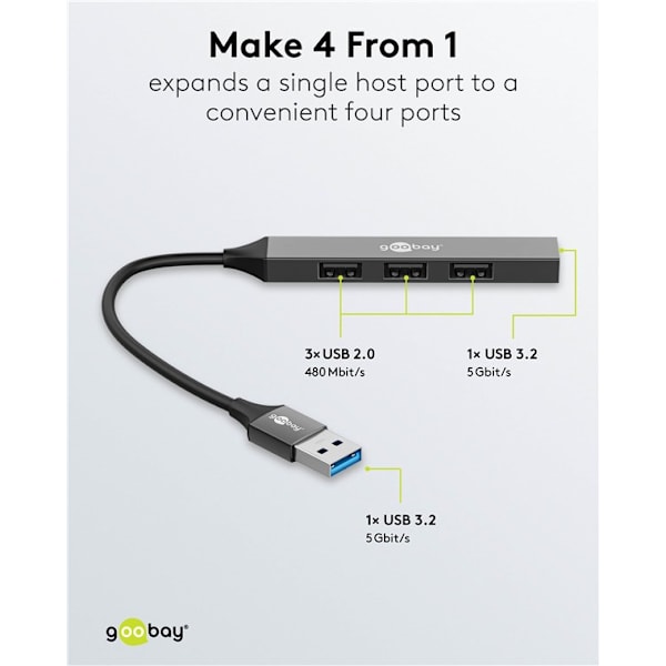 Slank USB-hub med 4 porte, USB-A til USB-A, 5 Gbit/s Ljusgrå