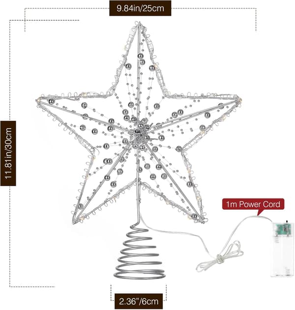 Stjerneformet juletræstop i jern, 12 tommer pentakelformet lampe med perle