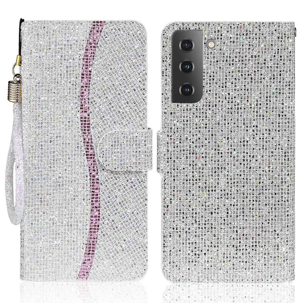 Flip Case Glitter Powder Practical Strap Stylish Wallet Case for Samsung Galaxy S22 5G