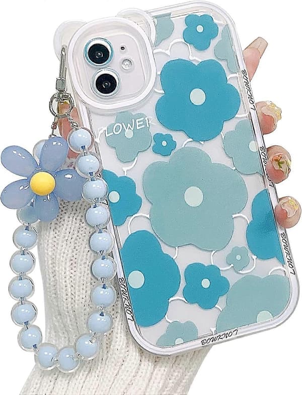 Compatible case for iPhone 12 with beautiful floral wristband, floral bear camera lens protector, transparent case with chain - Bear Blue