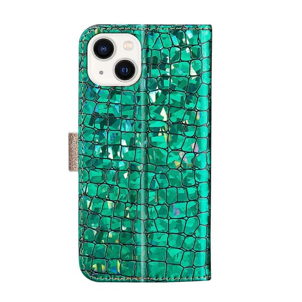 För iPhone 14 Laser Glitter Pulver Matchande Krokodiltextur Läder Telefonfodral