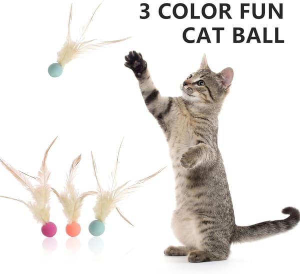 3 kattelegetøj - Kattebold med fjer, interaktive elastiske kattebolde - Orange, Blå, Lilla - 3*13 cm