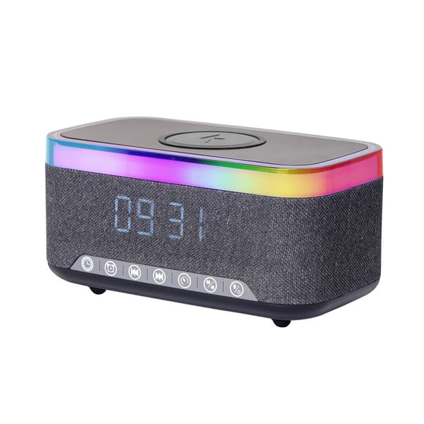 Digital alarm clock with speaker, wireless charging and RGB lighting