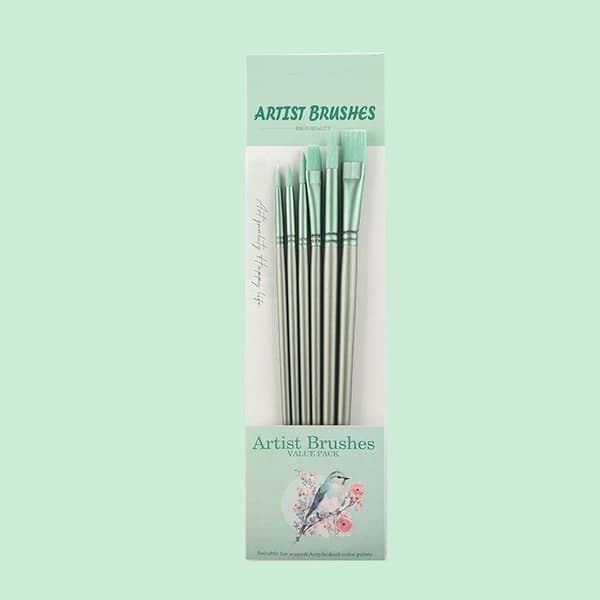 Green Watercolor Brush Set - 6 Pieces with Pointed & Flat Tips