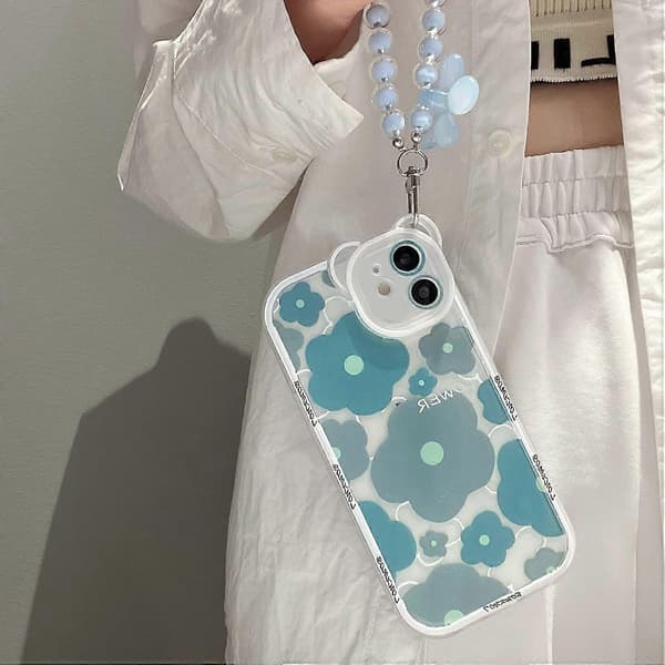 Compatible case for iPhone 12 with beautiful floral wristband, floral bear camera lens protector, transparent case with chain - Bear Blue