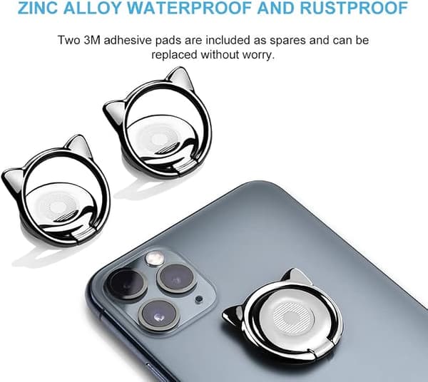 (2 pcs) Cell Phone Ring Holder (Silver), Metal Cat Ear Ring, 360 Degree Rotation Cell Phone