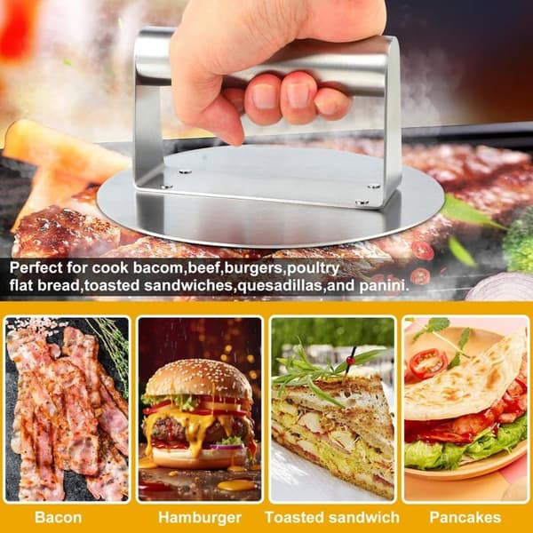 Hamburgerpress i rustfrit stål, 16 cm (6 tommer) rund Smash Burger Press, professionel hamburgerpress