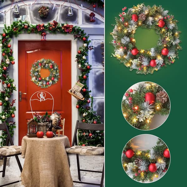 Battery-powered Christmas wreath for front door with 20 LED lights and bow [JUN]