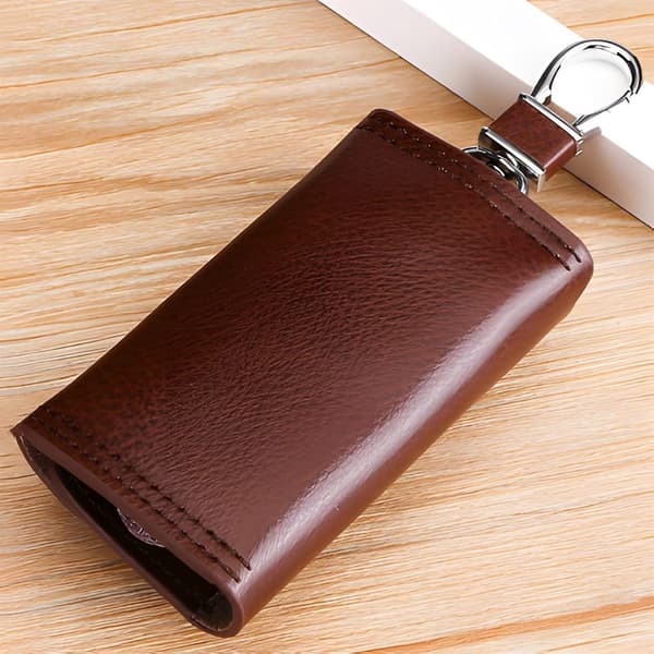 Leather Key Organizer with 2 Card Slots and 6 Key Hooks, Compact Mini Everyday Carry Bag, Brown