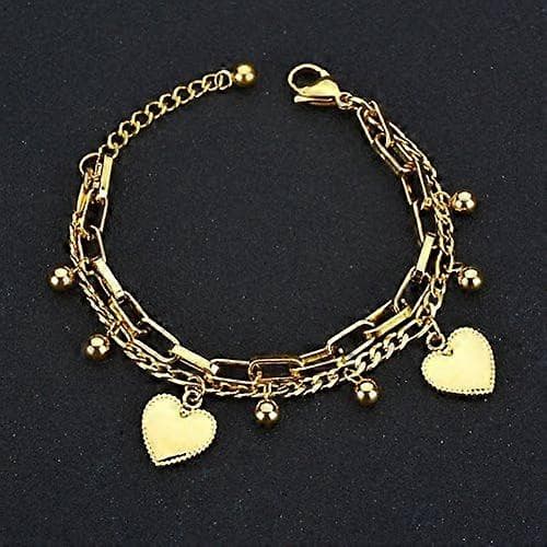 Guldbelagt armbånd i rustfrit stål med flere kæder og charms i form af kugle og hjerte til kvinder