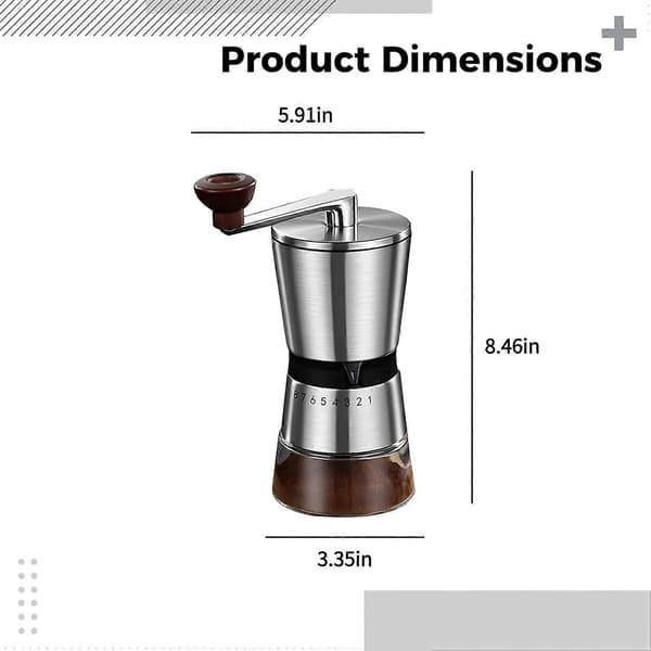 Manual Coffee Grinder with Adjustable Ceramic Burr, Eight Precision Settings, Wooden Handle, Glass Chamber