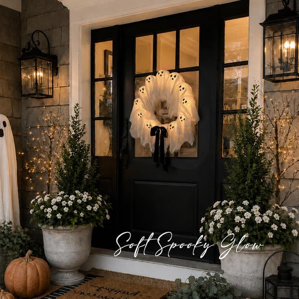 Halloween Outdoor Decorations - 35cm Cute Lighted Ghost Wreath Light with Remote Control