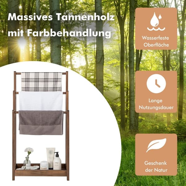 Fristående håndkleholder i tre, 3 etasjer med hylle, brun