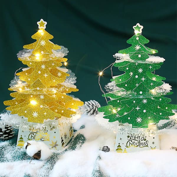 Julepynt Mini Desktop Juletrekort Pynt Glitrende Juletre Med Lys Sett - Grønn Lykt