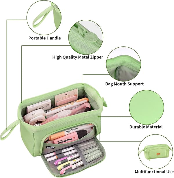 Large Capacity Pencil Case with Handle for Girls (Green)