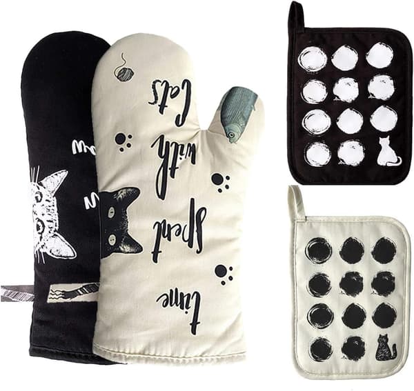 Cotton Mittens with 2 Potholders for Cat Lovers, Heat Resistant
