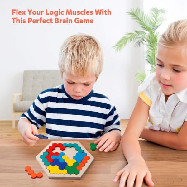 1 stk. Træhexagonpuslespil til voksne børn - Formmønsterblokke