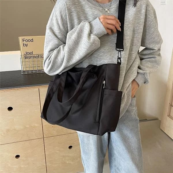 (pow yeah!) Nylon Crossbody Taske til Pige Stænktæt Håndtaske Stor Kapacitet Indkøbstaske Sort Sort