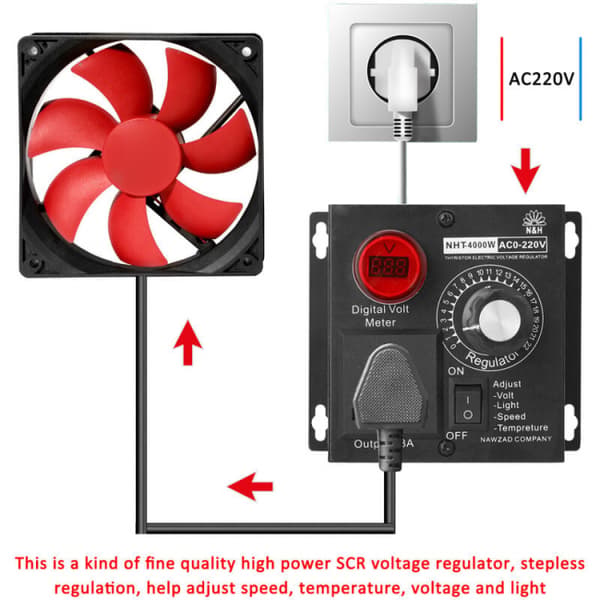 SCR trinnløs spenningsregulator med indikatorlampe, dimming, spe