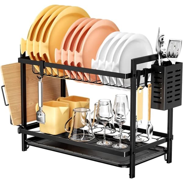 Two-Tier Dish Drying Rack for Kitchen, Black, Over Sink, with Removable Drip Tray and Cutlery Holder