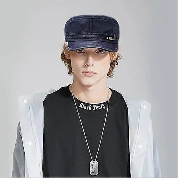 Unisex Cadet Army Cap Adjustable Flat Top Cap Washed Cotton Military Hat Baseball Cap Navy Blue