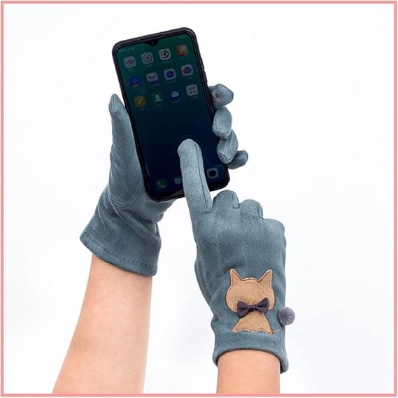 Mockasko i ruskind med broderede kattemotiver, touch screen-handsker til kvinder, varme og fløjlsbløde fingerhandsker med tegnet kat, sorte