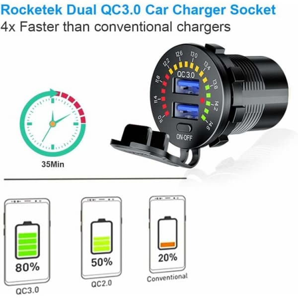 Hurtiglader 3.0 USB-billaderuttak 12V/24V 36W, QC3.0 Dobbel