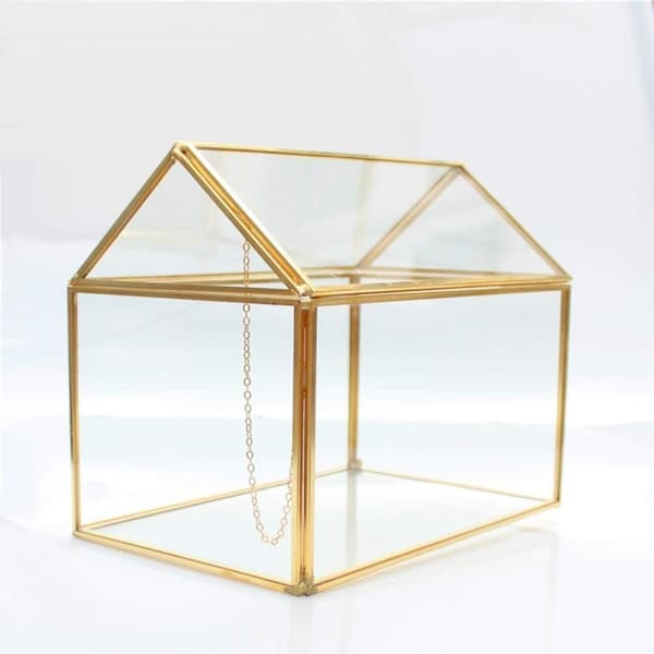 Geometrisk Terrarium Husformet Glasdrivhus til Mos, Bregne, Sukkulent med Hængslet Låg, Guld