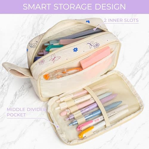 Cute Multi-Layer Floral Embroidery Pencil Case, Large Capacity Portable Stationery Bag with Hand Strap