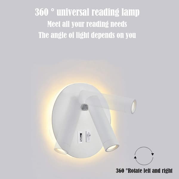 LED-væglampe, 9W, sengelampe med USB-opladning