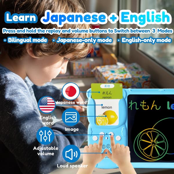 Skriveplade med tosprogede flashkort til børn, japansk blå Blue Japanese