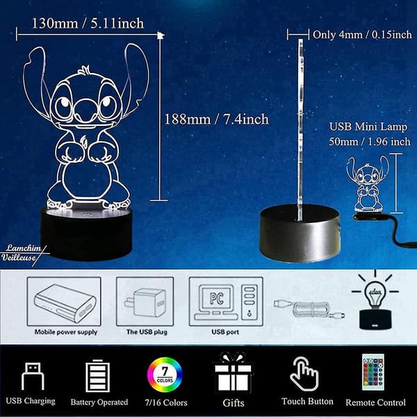Stitch 3D LED Night Light with 16 Colors & Remote Control[JUN]