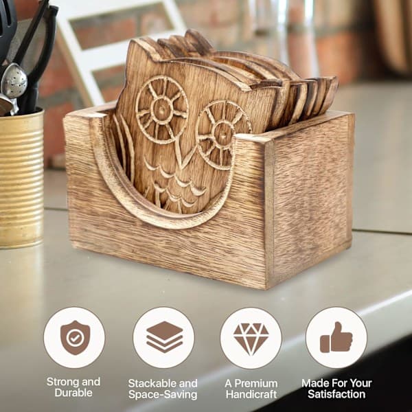 Sett med 6 brikker med holder - Håndlagde trebrikker for kaffe, te, krus, kopp, vinglass (ugledesign)
