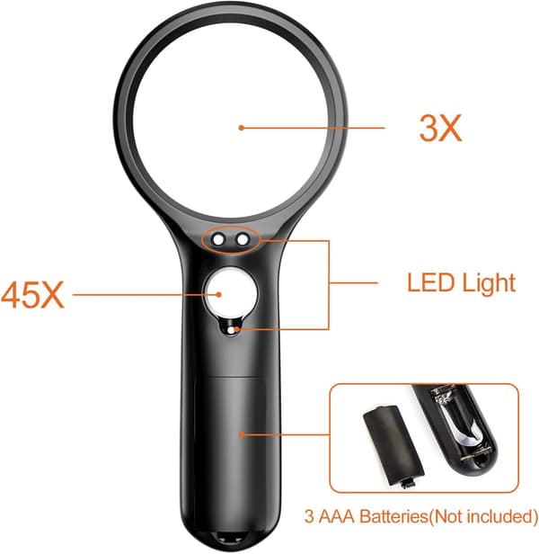 Lukulasit, 3X 45X valaistu suurennuslasi 3 LED-valolla