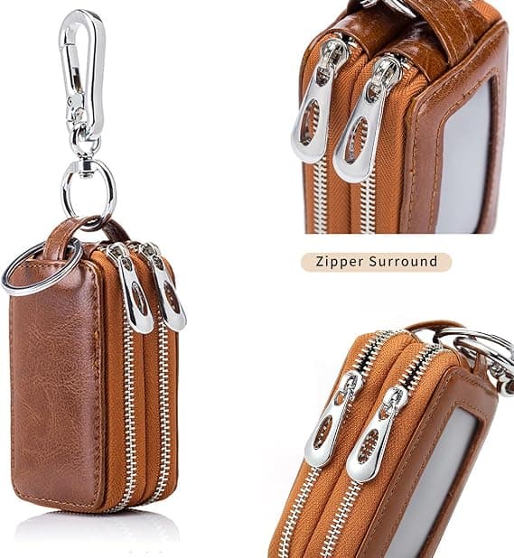Genuine Waxed Leather Car Key Case for Men, Double Layer Zipper Key Pouch, Including Transparent Style