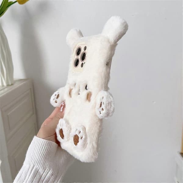 iPhone 15 Pro Case Cartoon 3D Bear Fluffy Plush TPU Winter Warm Phone Case