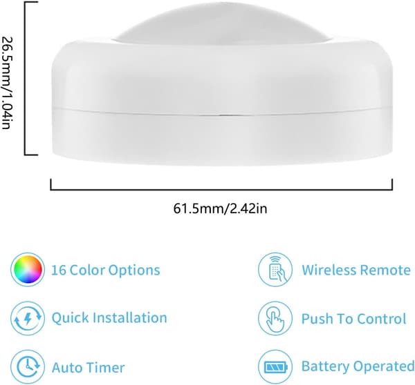 LED Puck Lights with Remote Control, Wireless Under Cabinet Lighting, Color Changing Lamps with Dimmer and Timer, AAA Battery Operated Push Function