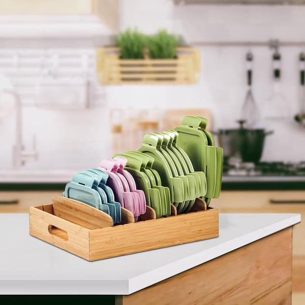 Bamboo Kitchen Organizer with 5 Adjustable Dividers for Pot Lid Storage