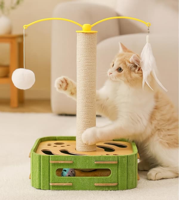 3-in-1 Interactive Cat Toy - Activity Station with Feather Track, Scratching Post & Spinning Ball for Indoor Cats & Kittens