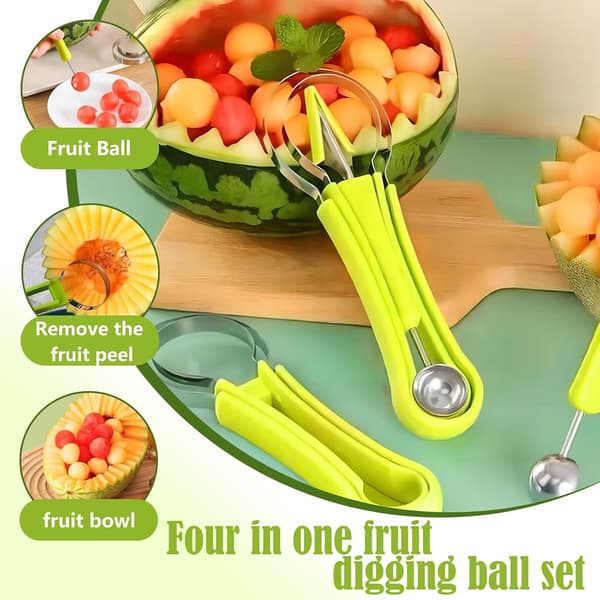 Melon Baller Set, 4-in-1 Fruit Slicer, Watermelon Spoon and Baller, Fruit Carving Tool