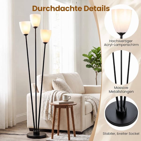 Svart gulvlampe med 3 akrylskjermer, 153 cm