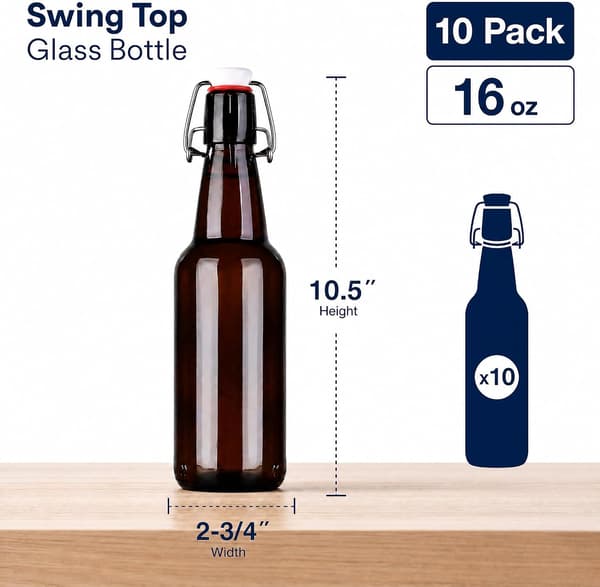 10-pack bärnstensfärgade ölflaskor i glas, 16 oz swingtop-flaskor med lufttätt snäpplock för hembryggning av öl, kombucha, kefir, vin
