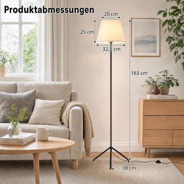Moderne gulvlampe med tekstilskjerm og stativfot