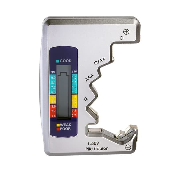 Universal digital batteritester til AA, AAA, CDN, 9V og 1,5V knapcellebatterier.