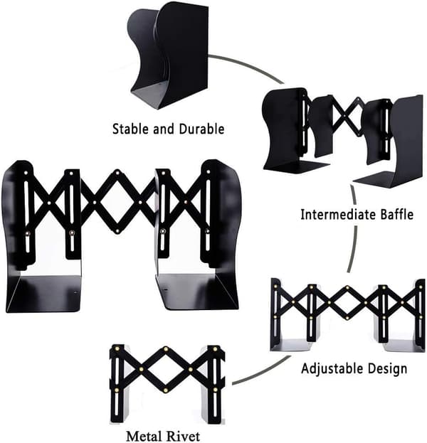 Adjustable Iron Metal Bookends for Home, Office, (White, Medium)