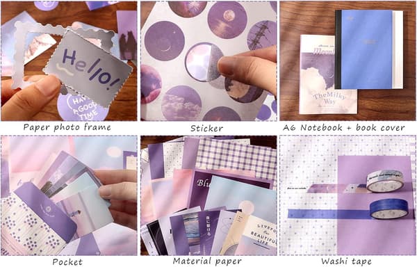 351-delt Scrapbooking-tilbehørssæt, lilla æstetisk Bullet Journal Scrapbook-sæt med A6-gitter N
